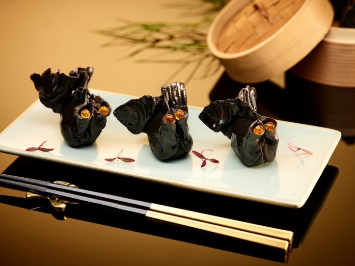 Steamed Prawn and Black Truffle Dumpling in Squid Ink Skin