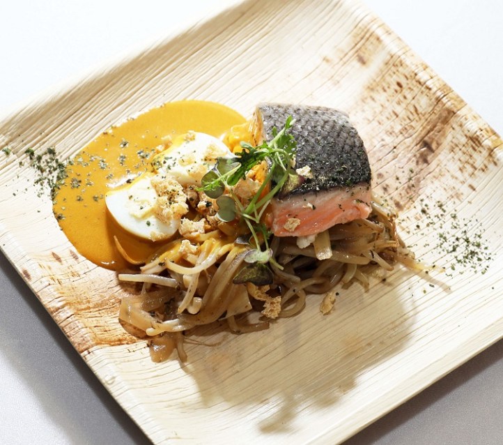 Slow Cooked Norwegian Salmon with Laksa Emulsion, Bean Sprout, Quail Egg and Deep Fried Beancurd